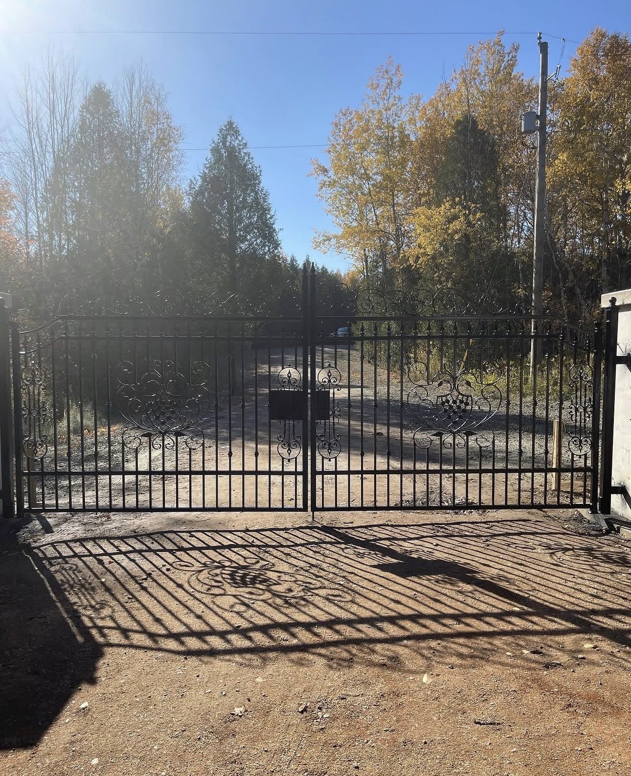 Custom wrought iron double driveway gate with ornamental scrollwork panels